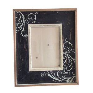 Distressed Black Wood Picture Frame Cream Floral Scroll 5" x 7"